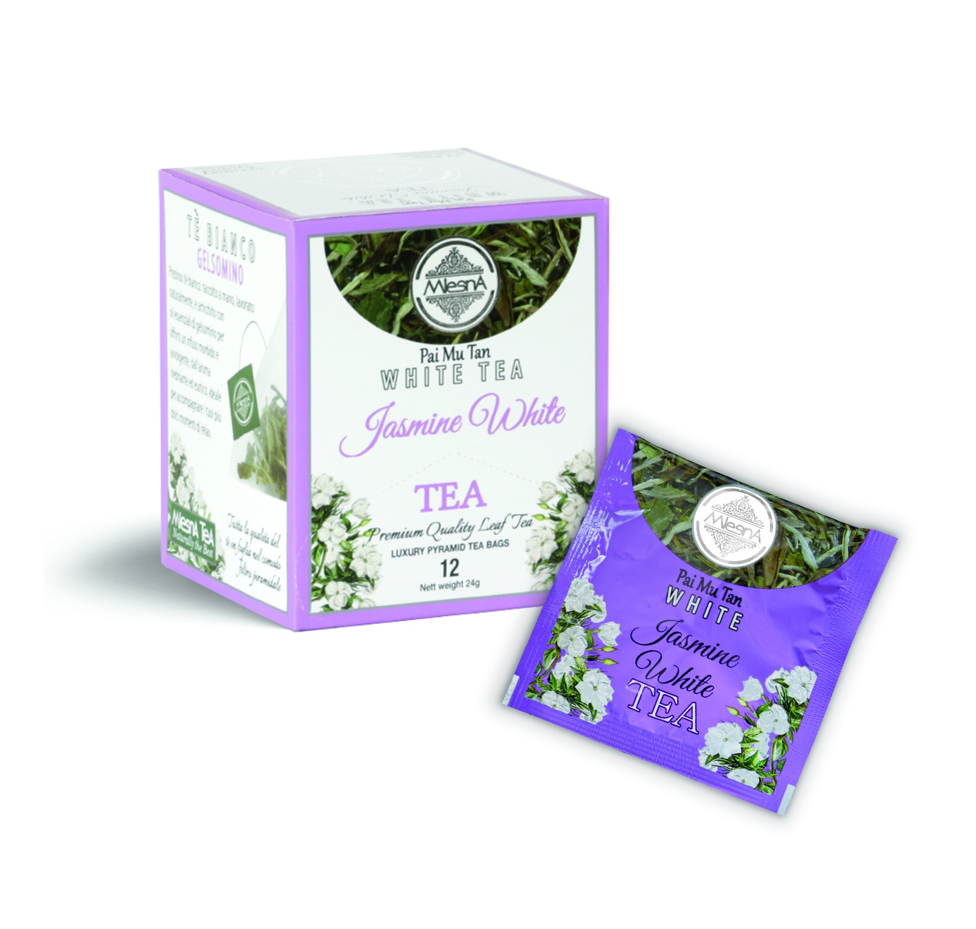 Čaje Mlesna SILVER TIP - JASMÍN - pyramida - PAI MU TAN 12ks MLESNA (Ceylon) Ltd. pravý čaj z Cejlonu